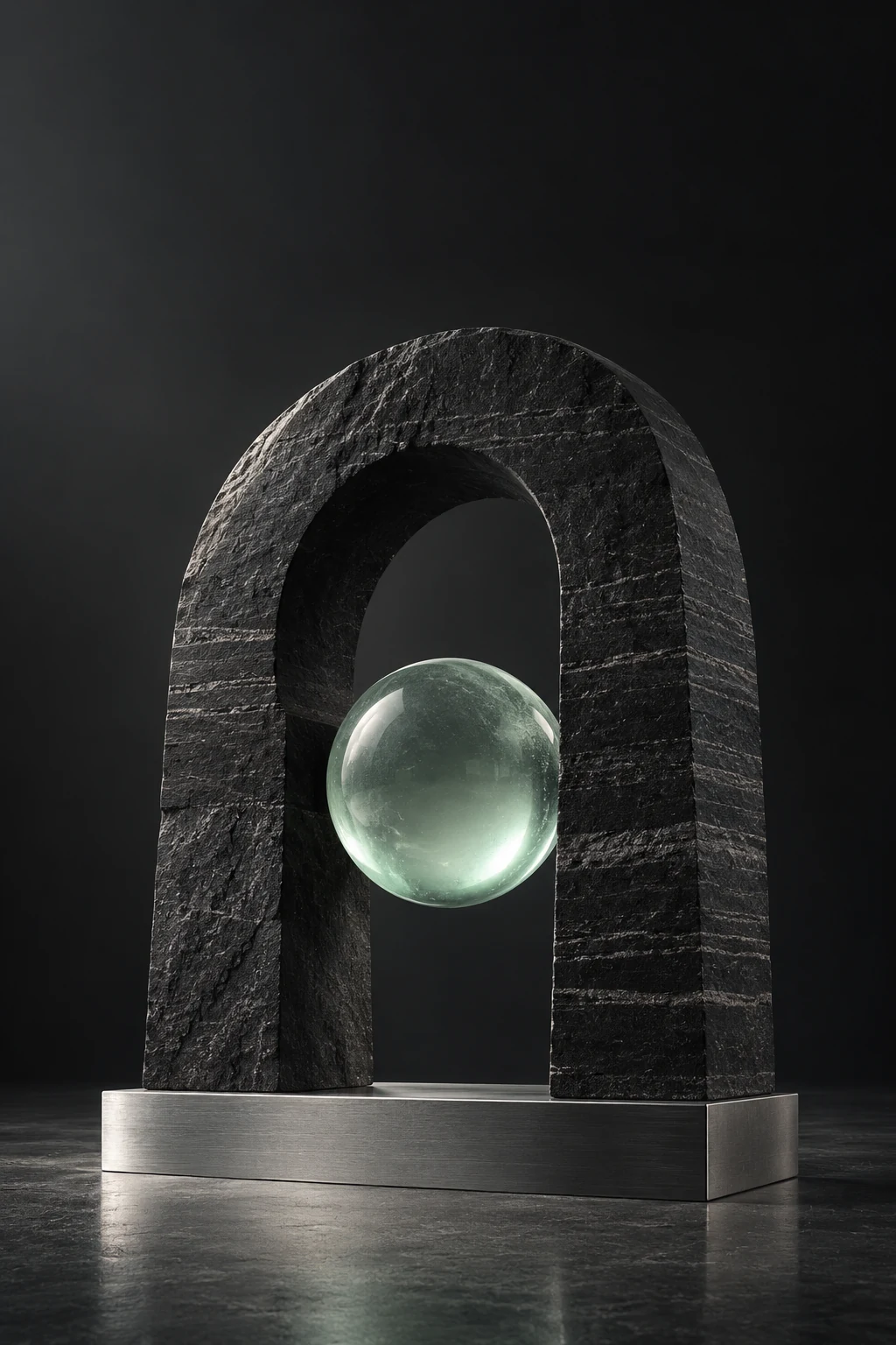 A glass sphere held within a stone arch