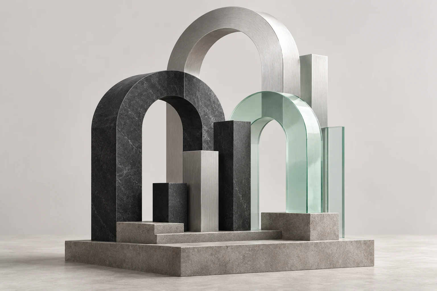 Architectural arches in stone, brushed metal and mint glass