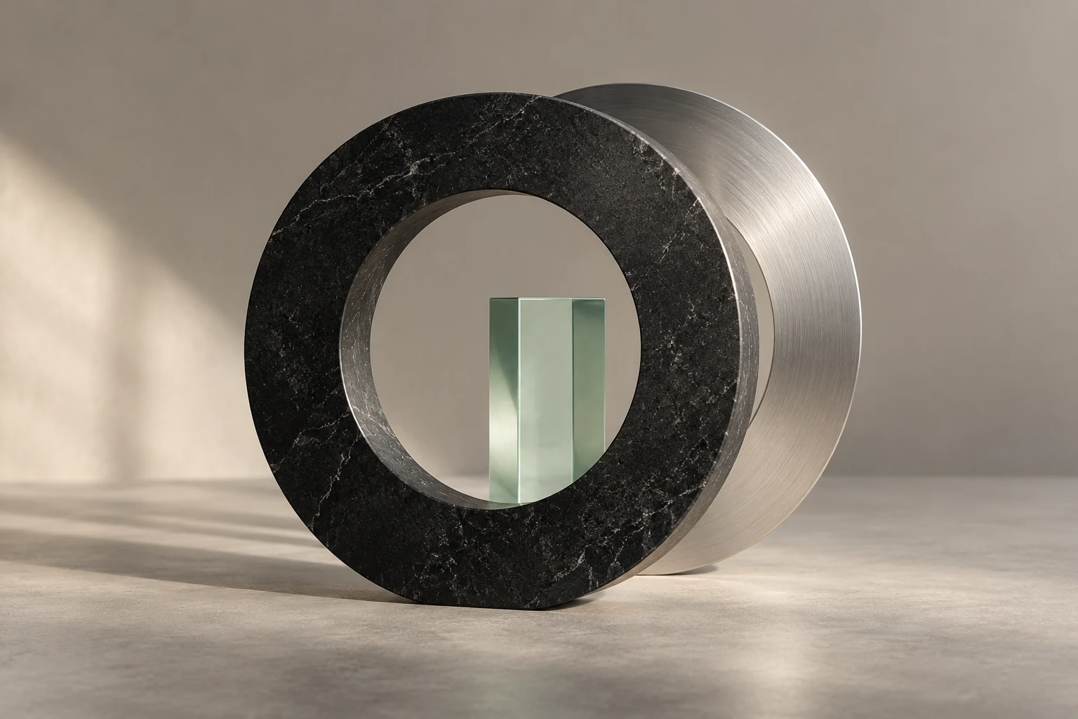 A sculptural circular frame in stone and metal